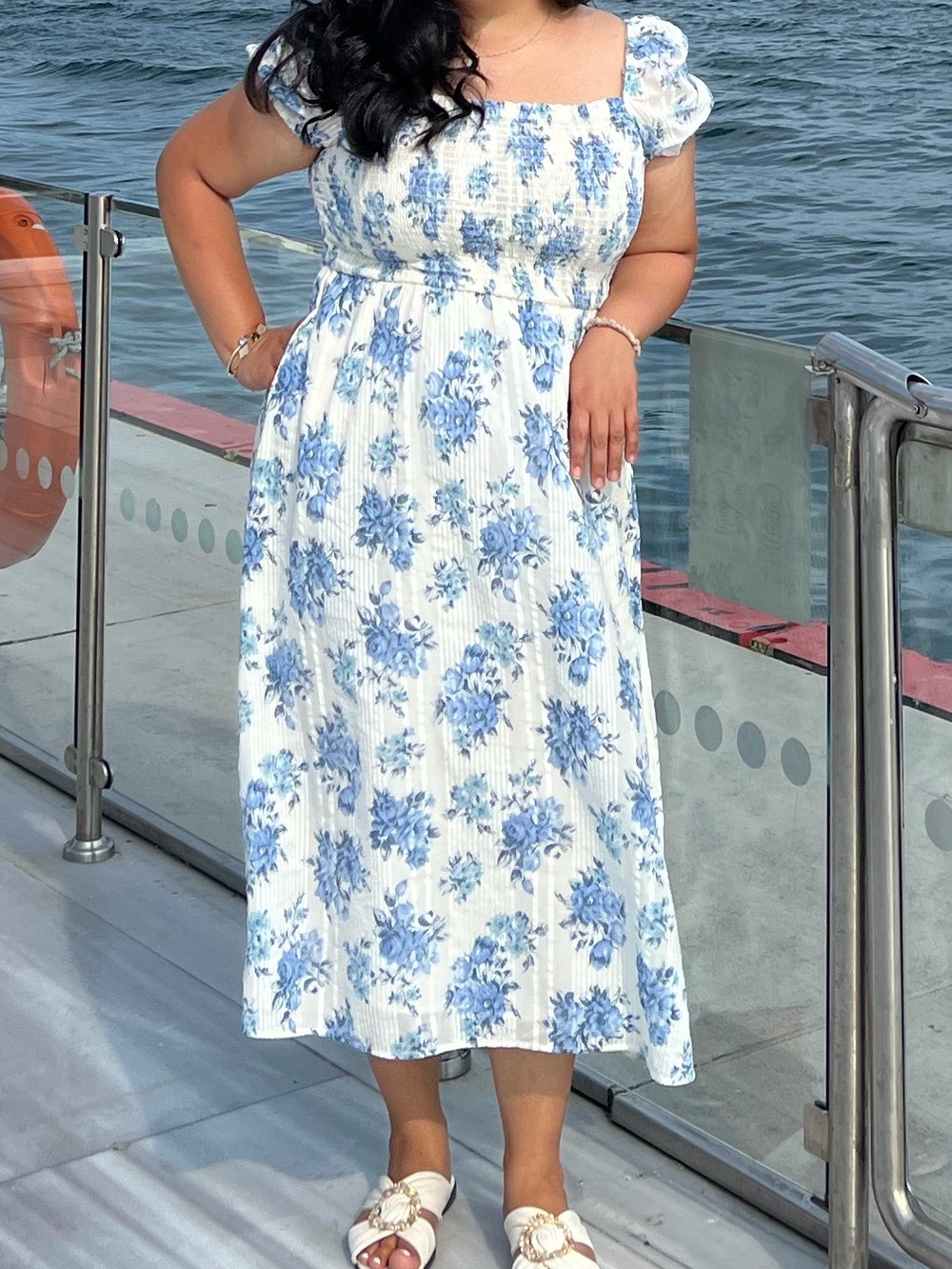 Loft Blue Floral Smocked Midi Dress - Women's